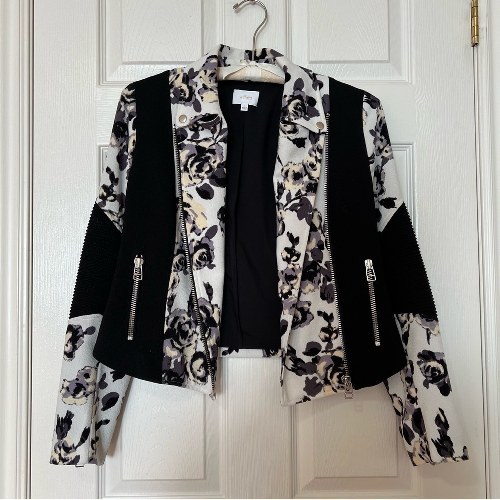 Aritzia Wilfred Black White Floral Montesson Moto Crepe Jacket - Sz 6 - Picture 7 of 16